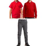 Mavimoure Unisex Çocuk Ribana Bel Keten Okul Pantolonu + Polo Yaka Kısa ve Uzun Kol T-Shirt - Gri - Kırmızı - 13 Yaş