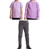 Mavimoure Unisex Çocuk Ribana Bel Keten Okul Pantolonu + Polo Yaka Kısa ve Uzun Kol T-Shirt - Gri - Lila - 8 Yaş