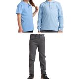 Mavimoure Unisex Çocuk Ribana Bel Keten Okul Pantolonu + Polo Yaka Kısa ve Uzun Kol T-Shirt - Gri - Mavi - 12 Yaş