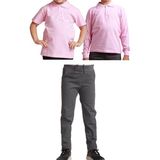 Mavimoure Unisex Çocuk Ribana Bel Keten Okul Pantolonu + Polo Yaka Kısa ve Uzun Kol T-Shirt - Gri - Pembe - 12 Yaş