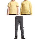 Mavimoure Unisex Çocuk Ribana Bel Keten Okul Pantolonu + Polo Yaka Kısa ve Uzun Kol T-Shirt - Gri - Sarı - 11 Yaş