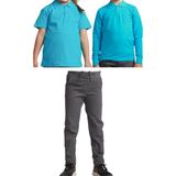 Mavimoure Unisex Çocuk Ribana Bel Keten Okul Pantolonu + Polo Yaka Kısa ve Uzun Kol T-Shirt - Gri - Turkuaz - 7 Yaş