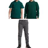 Mavimoure Unisex Çocuk Ribana Bel Keten Okul Pantolonu + Polo Yaka Kısa ve Uzun Kol T-Shirt - Gri - Yeşil - 7 Yaş