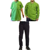 Mavimoure Unisex Çocuk Ribana Bel Keten Okul Pantolonu + Polo Yaka Kısa ve Uzun Kol T-Shirt - Lacivert - Açık Yeşil - 12 Yaş