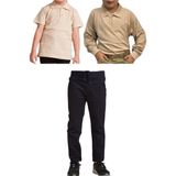 Mavimoure Unisex Çocuk Ribana Bel Keten Okul Pantolonu + Polo Yaka Kısa ve Uzun Kol T-Shirt - Lacivert - Bej - 10 Yaş