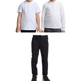 Mavimoure Unisex Çocuk Ribana Bel Keten Okul Pantolonu + Polo Yaka Kısa ve Uzun Kol T-Shirt - Lacivert - Beyaz - 8 Yaş