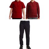 Mavimoure Unisex Çocuk Ribana Bel Keten Okul Pantolonu + Polo Yaka Kısa ve Uzun Kol T-Shirt - Lacivert - Bordo - 11 Yaş