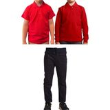 Mavimoure Unisex Çocuk Ribana Bel Keten Okul Pantolonu + Polo Yaka Kısa ve Uzun Kol T-Shirt - Lacivert - Kırmızı - 8 Yaş
