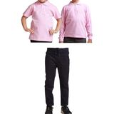 Mavimoure Unisex Çocuk Ribana Bel Keten Okul Pantolonu + Polo Yaka Kısa ve Uzun Kol T-Shirt - Lacivert - Pembe - 14 Yaş