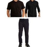 Mavimoure Unisex Çocuk Ribana Bel Keten Okul Pantolonu + Polo Yaka Kısa ve Uzun Kol T-Shirt - Lacivert - Siyah - 12 Yaş