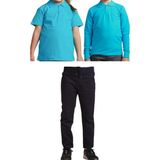 Mavimoure Unisex Çocuk Ribana Bel Keten Okul Pantolonu + Polo Yaka Kısa ve Uzun Kol T-Shirt - Lacivert - Turkuaz - 8 Yaş