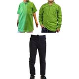Mavimoure Unisex Çocuk Ribana Bel Keten Okul Pantolonu + Polo Yaka Kısa ve Uzun Kol T-Shirt - Siyah - Açık Yeşil - 7 Yaş