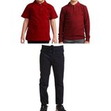 Mavimoure Unisex Çocuk Ribana Bel Keten Okul Pantolonu + Polo Yaka Kısa ve Uzun Kol T-Shirt - Siyah - Bordo - 9 Yaş