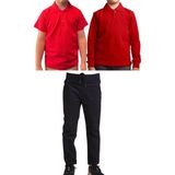 Mavimoure Unisex Çocuk Ribana Bel Keten Okul Pantolonu + Polo Yaka Kısa ve Uzun Kol T-Shirt - Siyah - Kırmızı - 8 Yaş