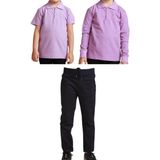 Mavimoure Unisex Çocuk Ribana Bel Keten Okul Pantolonu + Polo Yaka Kısa ve Uzun Kol T-Shirt - Siyah - Lila - 8 Yaş