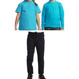 Mavimoure Unisex Çocuk Ribana Bel Keten Okul Pantolonu + Polo Yaka Kısa ve Uzun Kol T-Shirt - Siyah - Turkuaz - 13 Yaş