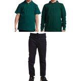 Mavimoure Unisex Çocuk Ribana Bel Keten Okul Pantolonu + Polo Yaka Kısa ve Uzun Kol T-Shirt - Siyah - Yeşil - 13 Yaş