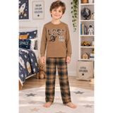 Maviş Kids Erkek Çocuk Pamuklu Kahverengi Ekose Desenli Uzun Kollu Pijama Takımı