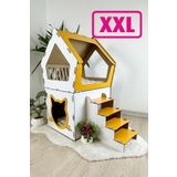Mavitrend Ahsap Buyuk Kedi Evi Xxl Acik Terasli Model 5 Kg Ustu Kediler Icin Beyaz- Sari Renk