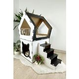 Mavitrend Ahsap Buyuk Kedi Evi Xxl Acik Terasli Model 5 Kg Ustu Kediler Icin Beyaz- Siyah Renk