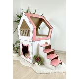 Mavitrend Ahsap Buyuk Kedi Evi Xxl Acik Terasli Model 5 Kg Ustu Kediler Icin Pembe - Beyaz Renk