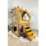 Mavitrend Ahsap Buyuk Kedi Evi Xxl Acik Terasli Model 5 Kg Ustu Kediler Icin Sari -Kahverengi Renk