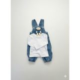 Maxi İdol Unisex Bebek Denim 2’li Takım - Ayı Aplikeli Cepli Salopet ve Beyaz Bluz - Mavi - Açık Mavi - 9 Ay