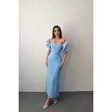 Maxi Modena Bebe Mavi Işlemeli Kolu Garnili Elbise - Bebe Mavi