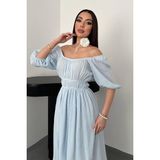 Maxi Modena Bebe Mavi Yakası Büzgülü Müslin Keten Elbise - Bebe Mavi