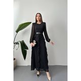 Maxi modena Siyah Kemerli Şifon Elbise