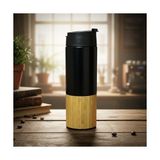 Maxi Trendy 450 ml Bambu Kaplamalı Çelik Termos - Sıcak ve Soğuk Tutucu Sızdırmaz Mat Siyah Kahve Termosu - 230 ml