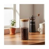 Maxi Trendy Linie Serisi Bambu Kapaklı Borosilikat Cam Kavanoz - 350 ml Çizgili Vakumlu Baharatlık, Çay ve Kahve Saklama Kabı - 0 Siyah - Option-1