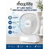 maxilife Breeze MG-5166F 6 Inç LED Işıklı Şarjlı Mini Masa Vantilatörü 3 Kademeli USB Type-C - Beyaz