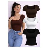 MaxiMor Kadın 3'lü Set U Yaka Kısa Kollu Fitilli Kare Yaka Pamuk Bluz-Body T-shirt