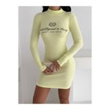 MaxiMor Kadın Sarı Renk Kaşkorse Fitilli Kumaş Dik Yaka Uzun kollu Bodycon elbise Boy 85 CM
