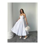 MAXMOOR ROSESA KORSAJ DETAY MİDİ POPLİN BEYAZ ELBİSE