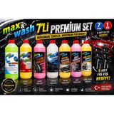 Max&wash 7'li Profesyonel Oto Bakım Seti 1 kg | Cilalı Oto Şampuan + Hızlı Cila + Lastik Parlatıcı + Torpido Süt + Motor + Jant + Genel Detay Temizleyici | 6 Adet Fıs Fıs Hediyeli