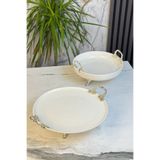 MAY HOME 2'Li Metal Ayaklı Kulplu Porselen Sunumluk & Meze Pasta Kurabiye Servis Tabağı