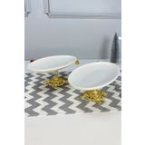 May Home 2'li Porselen Gold Ayaklı Oval Tabak & Sunum Servis Tabağı