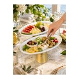MAY HOME 2'Li Porselen Gold Metal Ayaklı Kayık Meze Tabağı & Oval Yemek Sunumluk Servisliği ( Yıkanabilir)