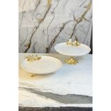MAY HOME 2'Li Porselen Gold Metal Ayaklı Sunumluk Servislik & Papatya Detaylı Kuabiyelik Pasta Standı