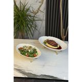 MAY HOME 2'Li Porselen Kayık Sunum Tabağı & Metal Ayaklı Oval Meze Yemek İkramlık Servsiliği