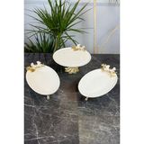 May Home 3 Parça Sedef Kelebek Kand Ayaklı Porselen Kase Oval Tabak Sunum Seti - Gold