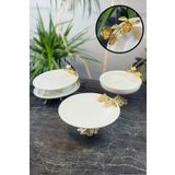 MAY HOME 4 Parça Firuze Porselen Metal Ayaklı Sunum Servis Seti &Tabak Kase Meze Kayık Seti