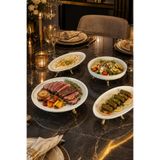 MAY HOME 4 Parça Gold Metal Ayaklı Porselen Sunum Seti Kase Kayık Servis Tabağı