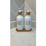 may home design Cam 2’li Beyaz Mutfak Sıvı Sabunluk Seti 500ml+500ml Bambu Tepsili Beyaz