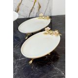 MAY HOME Laleza Taban Ayaklı 2'Li Oval Meze Sunum Tabağı & Porselen Kayık Tabak