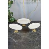 MAY HOME Lüks Porselen Sofra Sunum Seti 1 Yuvarlak 2 Oval Gold Ayaklı Yemek Pasta Kurabiye Tabağı