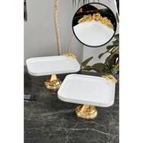 May Home Metal Ayaklı Porselen Tabak Pasta & Kurabiye & Yemek Servis Seti Sunumluk - Beyaz