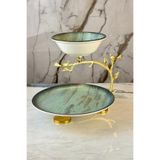 MAY HOME Porselen 2 Katlı Metal Kurabiyelik Sunumluk Tabak